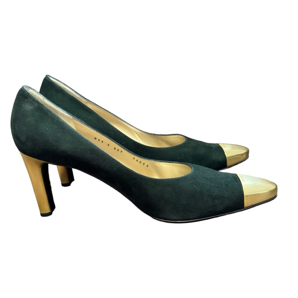 ST JOHN Womens Black Suede/Leather Made In Italy Gold Metal Toe/Heels Size 11 - Picture 2 of 7